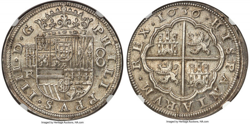 Philip IV 8 Reales 1636 (Aqueduct)-R MS64 NGC, Segovia mint, KM39.6, Cay-6320, C...