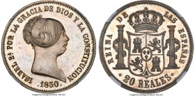 Isabel II Proof 20 Reales 1850 PR63 NGC, Madrid mint, KM593.2 (unlisted in Proof), Cay-17187, Cal-592, O'Connor-pg. 119 (R6). An attractive specimen, ...