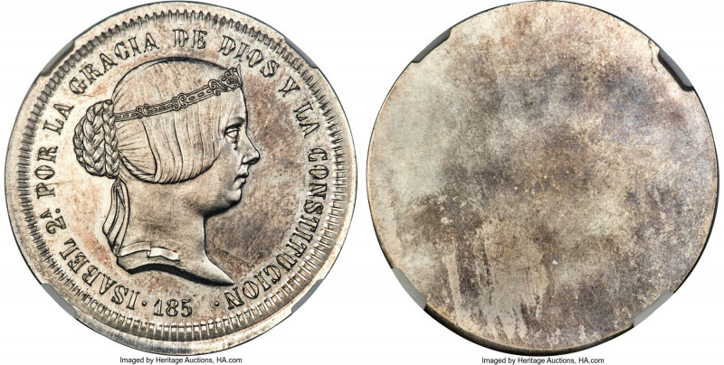 Isabel II silver Uniface Obverse Trial Strike 20 Reales 185_ (1855) MS65 NGC, Pa...