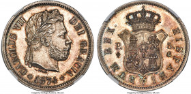 Charles VII Pretender silver Pattern 5 Pesetas 1874 MS65 NGC, Brussels mint, KM-XPT4b, Cal-11. Reeded edge. Struck for Charles VII, grandson of Carlos...