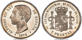 Alfonso XII 5 Pesetas 1875(75) DE-M MS64+ NGC, Madrid mint, KM671, Dav-339, Cal-35. A spectacular offering imbued with a level of originality not typi...
