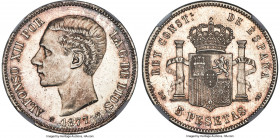 Alfonso XII 5 Pesetas 1877(77) DE-M MS65 NGC, Madrid mint, KM676, Dav-340, Cal-38. Meticulously sharp and laden with ample scintillating luster rippli...