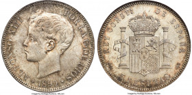 Alfonso XIII 5 Pesetas 1899(99) SG-V MS65 NGC, Madrid mint, KM707, Dav-344, Cal-110. A fine gem selection veiled in cloudlike silver patina that darks...