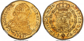 Charles III gold 8 Escudos 1788 So-DA AU53 NGC, Santiago mint, KM27, Cal-2177, Onza-949. Variety with pellet after FELIX in reverse legend. Strikingly...