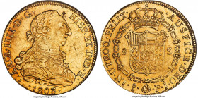 Charles IV gold 8 Escudos 1803 So-FJ AU55 NGC, Santiago mint, KM54, Cal-1773, Onza-1174. A more affordable example of the date, exhibiting only light ...