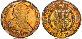 Charles IV gold 8 Escudos 1805 So-FJ AU55 NGC, Santiago mint, KM54, Cal-1775, Onza-1178. A coin of outsized visual appeal for the usual connotations o...