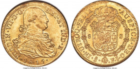 Ferdinand VII gold 8 Escudos 1817/8 So-FJ MS64 NGC, Santiago mint, KM78, Cal-1877, Onza-Unl. An absolutely choice conditional survivor that exudes lus...