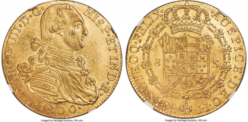 Charles IV gold 8 Escudos 1800 NR-JJ MS62 NGC, Nuevo Reino mint, KM62.1, Cal-173...