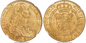 Charles IV gold 8 Escudos 1808 NR-JJ AU55 NGC, Nuevo Reino mint, KM62.1, Cal-1749, Onza-1149. Variety with two pellets between D and G in obverse lege...
