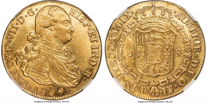 Ferdinand VII gold 8 Escudos 1809 P-JF AU58 NGC, Popayan mint, KM66.2, Cal-1807,...