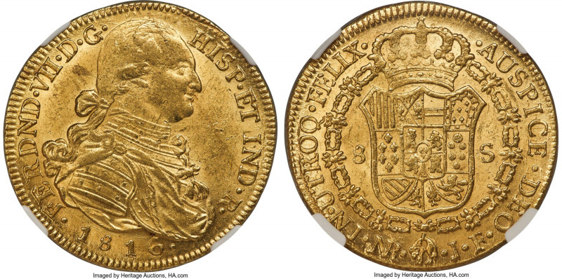 Ferdinand VII gold 8 Escudos 1816 NR-JF MS62 NGC, Nuevo Reino, KM66.1, Cal-1852,...