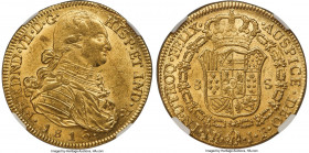 Ferdinand VII gold 8 Escudos 1816 NR-JF MS62 NGC, Nuevo Reino, KM66.1, Cal-1852, Onza-1331. Variety with pellet between IND and R in obverse legend. B...