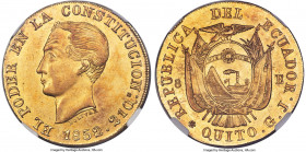Republic gold 8 Escudos 1852/0 QUITO-GJ MS61 NGC, Quito mint, KM34.1, Onza-1772 (Rare), Carr-94. Truly an extraordinary rarity--a large-size Ecuadoria...