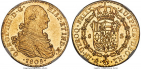 Charles IV gold 8 Escudos 1805 Mo-TH MS62 NGC, Mexico City mint, KM159, Cal-1649, Onza-1041. Truly exceptional for the assigned grade, with a noticeab...