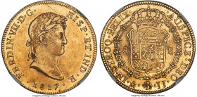Ferdinand VII gold 8 Escudos 1817 Mo-JJ MS60 NGC, Mexico City mint, KM161, Cal-1795, Onza-1267. Carrying a characteristically soft bust of Ferdinand V...