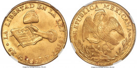 Republic gold 8 Escudos 1838/7 Go-PJ MS63 NGC, Guanajuato mint, KM383.7, Onza-1939. An engaging early overdate in the Republican 8 Escudos series, fea...