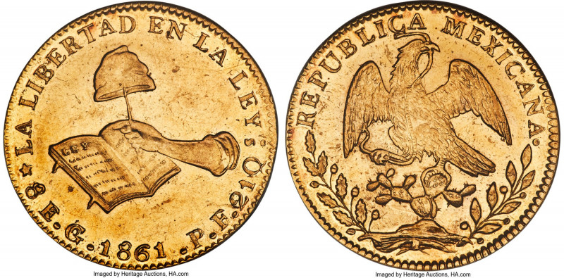 Republic gold 8 Escudos 1861/50 Go-PF MS61 NGC, Guanajuato mint, KM383.7, cf. On...