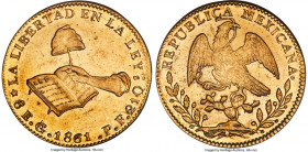 Republic gold 8 Escudos 1861/50 Go-PF MS61 NGC, Guanajuato mint, KM383.7, cf. Onza-1971 (stated as 1861/60). A comparatively scarce overdate among the...