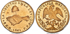 Republic gold 8 Escudos 1861/50 Go-PF MS60 NGC, Guanajuato mint, KM383.7, cf. Onza-1971 (stated as 1861/60). An intriguing overdate, which, while simp...