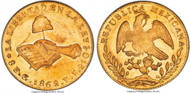 Republic gold 8 Escudos 1862 Go-YE AU58 PCGS, Guanajuato mint, KM383.7, Onza-1974. Comparatively well-executed for this series that frequently suffers...