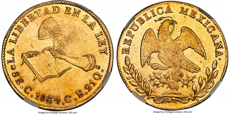 Republic gold 8 Escudos 1864 C-CE MS62 NGC, Culiacan mint, KM383.2, Onza-1841, L...