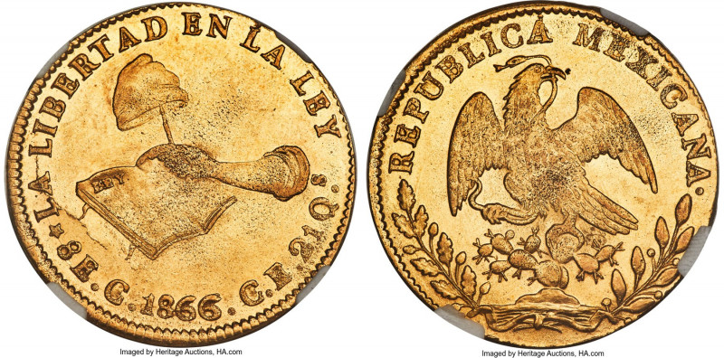 Republic gold 8 Escudos 1866 C-CE MS63 NGC, Culiacan mint, KM383.2, cf. Onza-184...