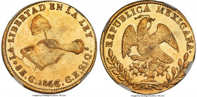 Republic gold 8 Escudos 1866 C-CE MS63 NGC, Culiacan mint, KM383.2, cf. Onza-1843 (only recorded as an overdate). Struck by Republican forces in oppos...