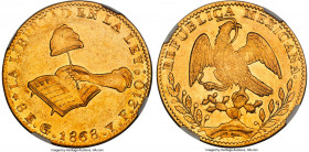 Republic gold 8 Escudos 1868/58 Go-YF AU58 NGC, Guanajuato mint, KM383.7, cf. Onza-1979 (overdate not noted). Essentially Mint State in quality, with ...