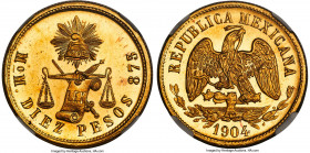 Republic gold 10 Pesos 1904 Mo-M MS65 NGC, Mexico City mint, KM413.7, Fr-128. Mintage: 694. An indisputable gem representative of this low-mintage and...