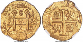 Philip V gold Cob 8 Escudos 1712 L-M MS66 NGC, Lima mint, KM38.2, Cal-2120, Onza-242 (Few examples known), Oro Macuquino-242. 26.94gm. Variety with re...