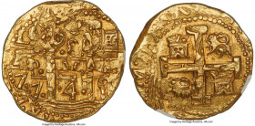 Ferdinand VI Mint Error - Flipover Double Strike gold Cob 8 Escudos 1749 L-R MS62 NGC, Lima mint, KM47, Cal-761, cf. Onza-566-568 (Rare), Oro Macquino...