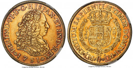 Ferdinand VI gold 8 Escudos 1751 LM-J AU53 NGC, Lima mint, KM50, Cal-764, Onza-577. The first year for milled coin production at the Lima mint, and on...