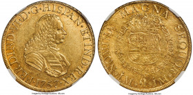 Ferdinand VI gold 8 Escudos 1757 LM-JM AU55 NGC, Lima mint, KM59.2, Cal-772, Onza-586 (Rare). Variety with pellet above assayer's initials. Just the t...