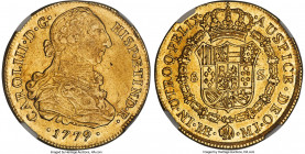 Charles III gold 8 Escudos 1779 LM-MJ AU58 NGC, Lima mint, KM82.1, Cal-1940, Onza-703. A laudable survivor of this lesser-seen date, particularly when...