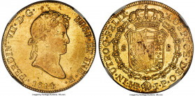 Ferdinand VII gold 8 Escudos 1814 LM-JP AU55 NGC, Lima mint, KM129.1, Cal-1761, Onza-1220. An appreciable, more attainable representative for this ina...
