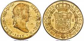 Ferdinand VII gold 8 Escudos 1815 LM-JP AU55 PCGS, Lima mint, KM129.1, Cal-1762, Onza-1226. A date that is usually considered relatively available in ...
