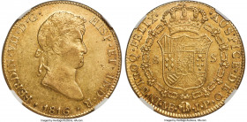 Ferdinand VII gold 8 Escudos 1816 LM-JP AU55 NGC, Lima mint, KM129.1, Cal-1762, Onza-1225. Variety with pellet after DEO in reverse legend. A surprisi...
