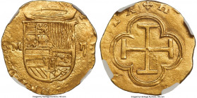 Philip II (1556-1598) gold Cob 2 Escudos ND (1566-1576)-M MS62 NGC, Toledo mint, Cal-861, Cay-Type 72 (this subtype not noted), Oro Macuquino-58. 6.72...