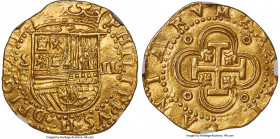 Philip II (1556-1598) gold Cob 2 Escudos ND (1566-1587) S-D MS61 NGC, Seville mint, Cal-828, Cay-4098, Oro Macuquino-31. 6.71gm. Variety with ordinal ...