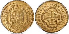 Philip V gold 8 Escudos 1723 S-J MS62 NGC, Seville mint, KM315, Cal-2296, Cay-9980. A top-graded specimen out of a mere 5 yet certified by NGC, this p...