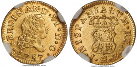 Ferdinand VI gold 1/2 Escudo 1757 M-JB MS66 NGC, Madrid mint, KM378, Cal-561. An exceptional gem, wonderfully preserved with lustrous radiance through...