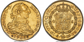 Charles III gold 4 Escudos 1786 M-DV AU55 NGC, Madrid mint, KM418.1a, Cal-1791. A lightly circulated specimen, still retaining ample satin finish arou...