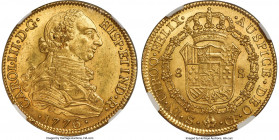 Charles III gold 8 Escudos 1776/5 S-CF MS63+ NGC, Seville mint, cf. KM409.2 (overdate unlisted), Cal-2185, cf. Cay-12882 (overdate unlisted), Onza-960...