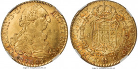 Charles III gold 8 Escudos 1788 S-C AU55 NGC, Seville mint, KM409.2a, Cal-2194, Onza-969. Variety with pellet after R at end of obverse legend. An esp...