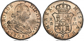 Charles IV 8 Reales 1808 M-AI MS62 NGC, Madrid mint, KM432.1, Cal-945. The single finest example of this mint-date in the NGC census, replete with a m...