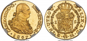 Charles IV gold Escudo 1807 M-FA MS64 NGC, Madrid mint, KM434, Cal-1317. Possessing a near-gem appearance against a virtually Prooflike backdrop, rend...