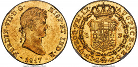 Ferdinand VII gold 8 Escudos 1817 M-GJ AU53 NGC, Madrid mint, KM485, Cal-1173, Onza-1238 (Rare). A highly challenging date within and the series, with...