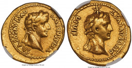 Tiberius (AD 14-37), with Divus Augustus. AV aureus (21mm, 7.65 gm, 5h). NGC VF 5/5 - 3/5, brushed, marks. Lugdunum, AD 14-16. TI CAESAR DIVI-AVG F AV...