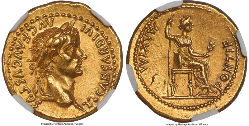 Tiberius (AD 14-37). AV aureus (20mm, 7.78 gm, 5h). NGC Choice AU 5/5 - 3/5, Fin...