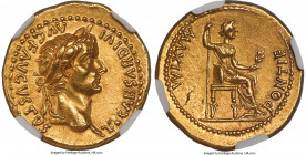 Tiberius (AD 14-37). AV aureus (20mm, 7.78 gm, 5h). NGC Choice AU 5/5 - 3/5, Fine Style, brushed. Lugdunum, ca. AD 14-17. TI CAESAR DIVI-AVG F AVGVSTV...